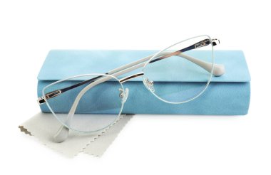 Case with stylish glasses and cleaning cloth isolated on white