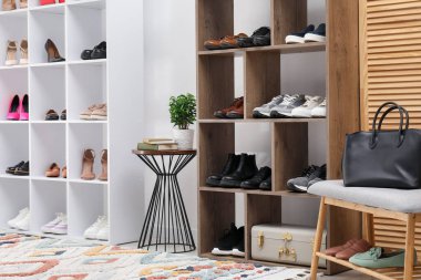 Ayakkabı deposu. Farklı ayakkabı ve diğer mobilyaların rafları.