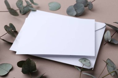 Boş tebrik kartı, kağıt zarf ve bej arka planda okaliptüs dalları, yakın plan