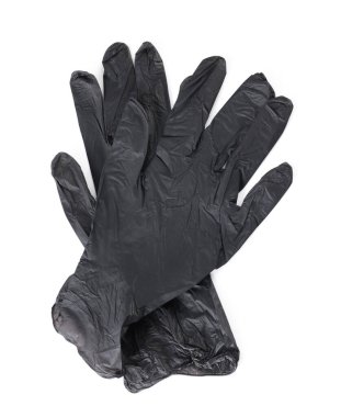 Siyah tıbbi eldivenler beyaza izole edilmiş, üst manzara