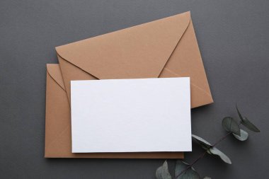 Boş tebrik kartı, zarflar ve okaliptüs yaprakları gri arka planda, düz yatıyordu.