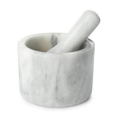 Mermer havan topu beyaz üzerine izole edilmiş.