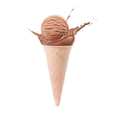 Waffle külahında çikolatalı dondurma ve beyaz arka planda biraz süt.