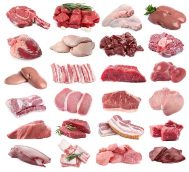 Beyaz arka planda taze çiğ et ürünleri, kolaj