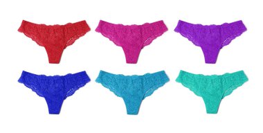 Beyaz arka planda farklı renklerde güzel kadın külotu, set