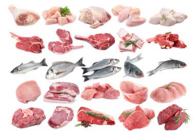 Balık ve et. Beyaz arka planda farklı ham ürünler, kolaj