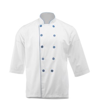 Şefin ceketi beyaza izole edilmiş. Geleneksel üniformanın bir parçası