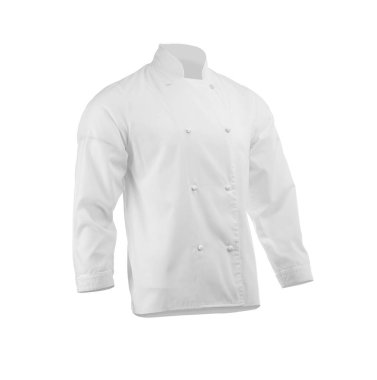 Şefin ceketi beyaza izole edilmiş. Geleneksel üniformanın bir parçası