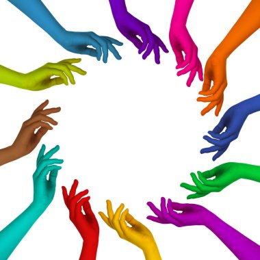 Beyaz arka planda farklı renklere boyanmış insan eli çemberi çiziyor. Birlik, ortaklık, işbirliği