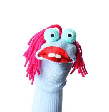 Beyaz saçlı, komik çorap kuklası.