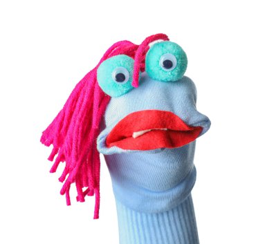 Beyaz saçlı, komik çorap kuklası.