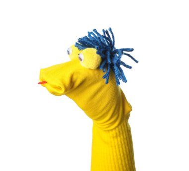 Beyaz saçlı, komik çorap kuklası.