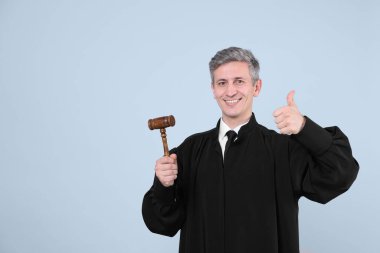 Elinde tokmakla gülümseyen yargıç gri arka planda onaylıyor. Metin için boşluk