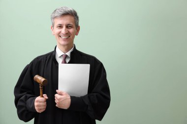 Yeşil arka planda elinde tokmakla gülümseyen yargıç. Metin için boşluk