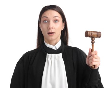 Beyaz arka planda tokmağı olan duygusal yargıç.