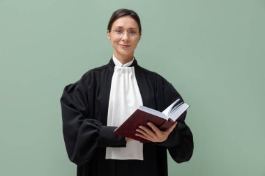 Açık yeşil arkaplan üzerine kitabı olan yargıç