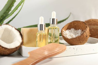 Saç tedavisi. Kozmetik ürünler, hindistan cevizi, tereyağı talaşı, tarak ve aloe yaprakları beyaz arka planda