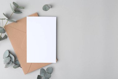 Boş tebrik kartı, kağıt zarf ve okaliptüs yaprakları açık gri arka planda, düz yerde. Metin için boşluk