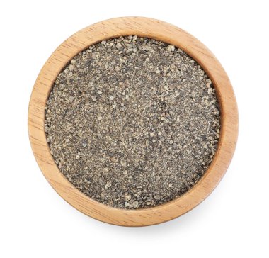 Kabın içindeki siyah biber beyaza izole edilmiş, üst manzara.