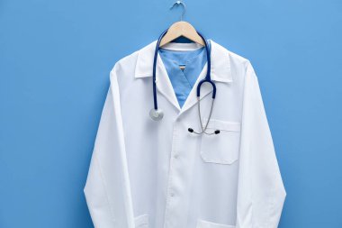 Mavi arka planda asılı steteskoplu doktor ceketi.