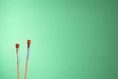 Açık yeşil arka planda renkli iki fırça, yakın plan. Metin için boşluk