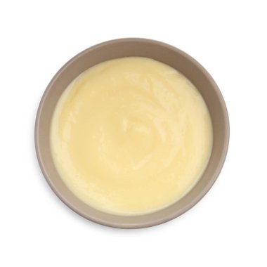 Lezzetli vanilyalı puding beyaz, üst manzara izole