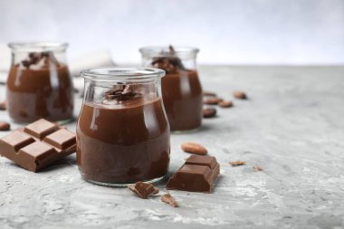 Cam kavanozlarda lezzetli puding, çikolata parçaları ve açık gri masada kakao çekirdekleri, yakın plan. Metin için boşluk