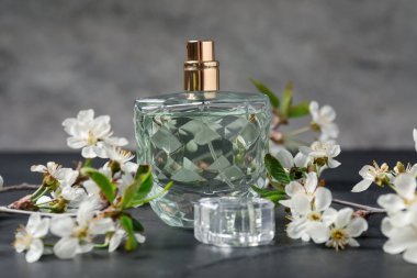 Bir şişe aromatik parfüm ve gri arka planda güzel çiçekli dallar, yakın plan.