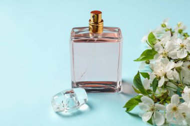 Bir şişe aromatik parfüm ve açık mavi arka planda güzel çiçekli dal, yakın plan.