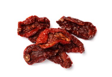 Lezzetli güneşte kurutulmuş domatesler beyaz, üst manzara