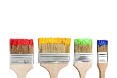 Beyaz üzerine izole edilmiş farklı boyalarla fırçalar