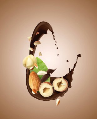 Kahverengi arka planda fındıklı çikolata sıçraması.