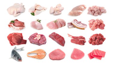 Balık ve et. Beyaz arka planda farklı ham ürünler, kolaj