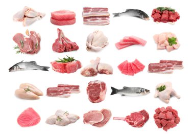 Balık ve et. Beyaz arka planda farklı ham ürünler, kolaj