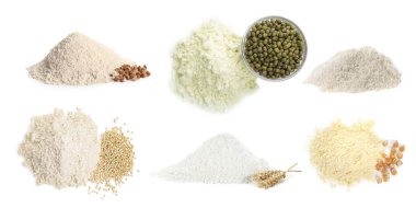 Beyaz üzerine izole edilmiş farklı un türleri