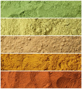 Arka plan olarak farklı süper yiyecek tozlarının kolajı