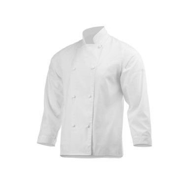 Şefin ceketi beyaza izole edilmiş. Geleneksel üniformanın bir parçası