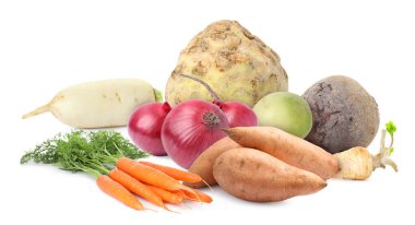 Beyaza izole edilmiş farklı kök sebzeleri. Soğan soğanları, pancar, havuç, kereviz kökü, şalgam, havuç.