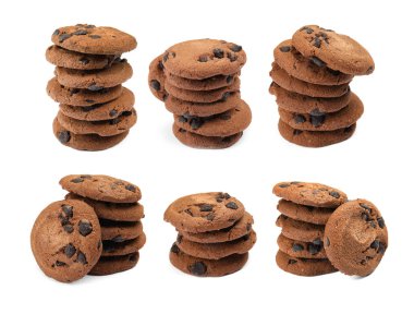 Beyaza izole edilmiş çikolatalı kurabiyeler, kolaj.