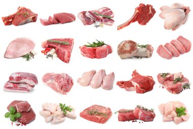 Farklı türde taze et, beyaza izole edilmiş, kolaj. Biftek, domuz, tavuk ve dana eti.