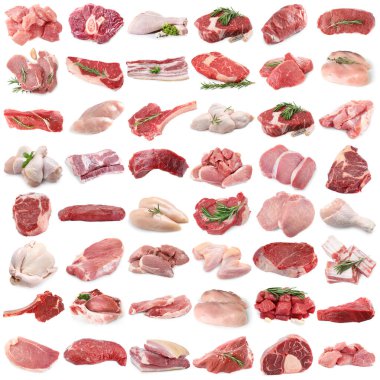Farklı türde taze et, beyaza izole edilmiş, kolaj. Biftek, domuz, tavuk ve dana eti.