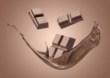 Çikolata parçaları ve soluk kahverengi gradyan arka planda havadaki kakao içecekleri.