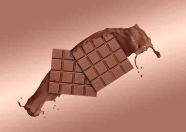 Çikolata parçaları ve soluk kahverengi gradyan arka planda havadaki kakao içecekleri.