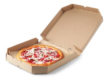 Tütsülenmiş sosis ve mantarlı lezzetli pizza karton kutunun içinde.