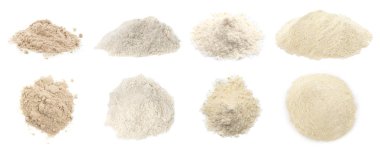 Beyaz üzerine izole edilmiş farklı un türleri, kolaj. Üst ve yan görünüm
