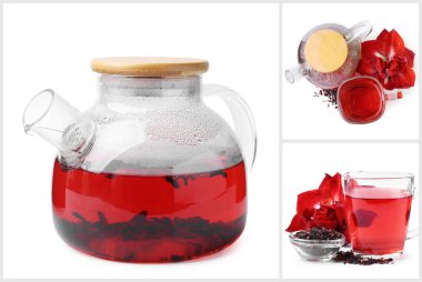 Beyaz arka planda cam karışımı Hibiscus çayı, kolaj.