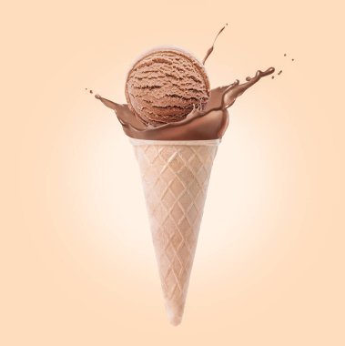 Waffle külahında çikolatalı dondurma ve bej arka planda biraz süt.