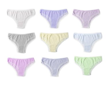 Beyaz arka planda farklı renklerde güzel kadın külotu, set