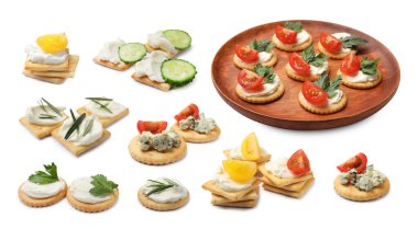 Beyaz kolajla izole edilmiş farklı malzemeli lezzetli krakerler.