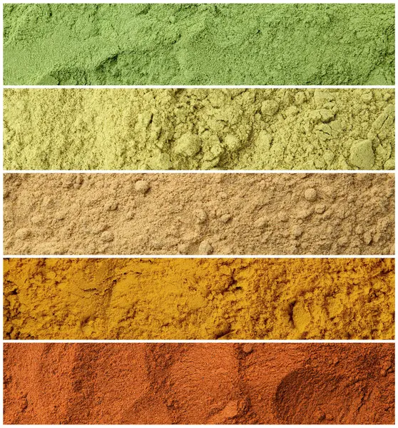 Arka plan olarak farklı süper yiyecek tozlarının kolajı